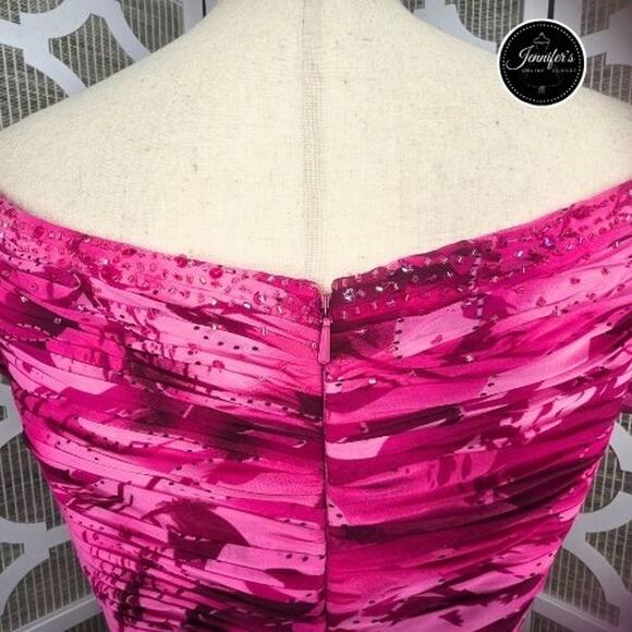 Capri by Mon Cheri Hot Pink Ruched Beaded Bodice A-Line Flared Long Dress 10/12 - Picture 9 of 14